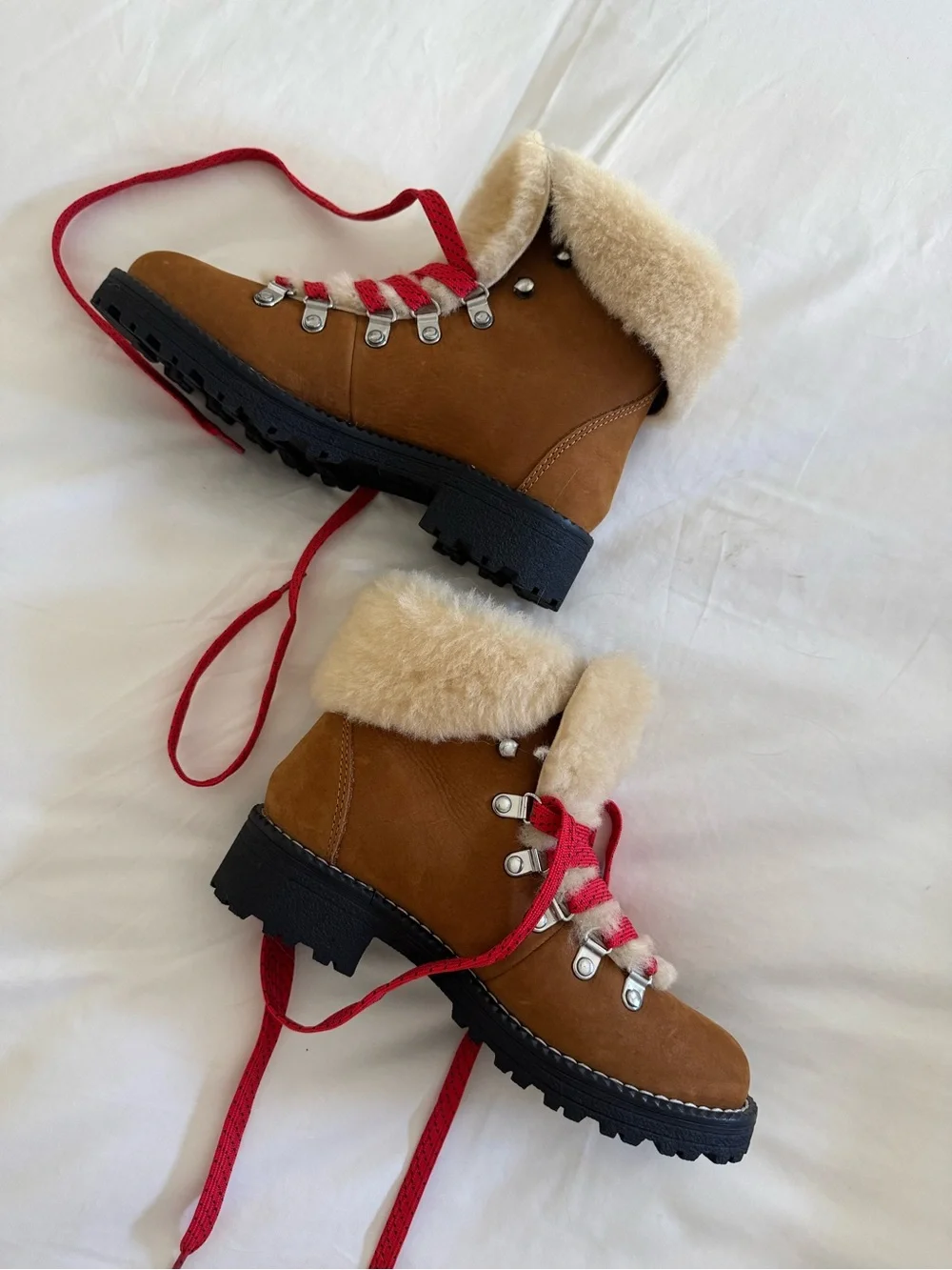 J. Crew Nordic Shearling Boots Tan with Red Laces
